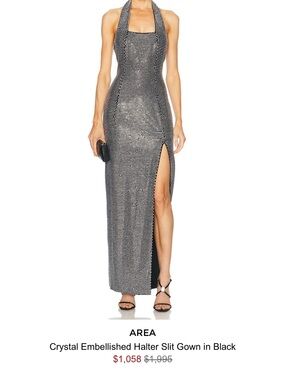 AREA Crystal Halter Gown with High Slit - Black & Silver